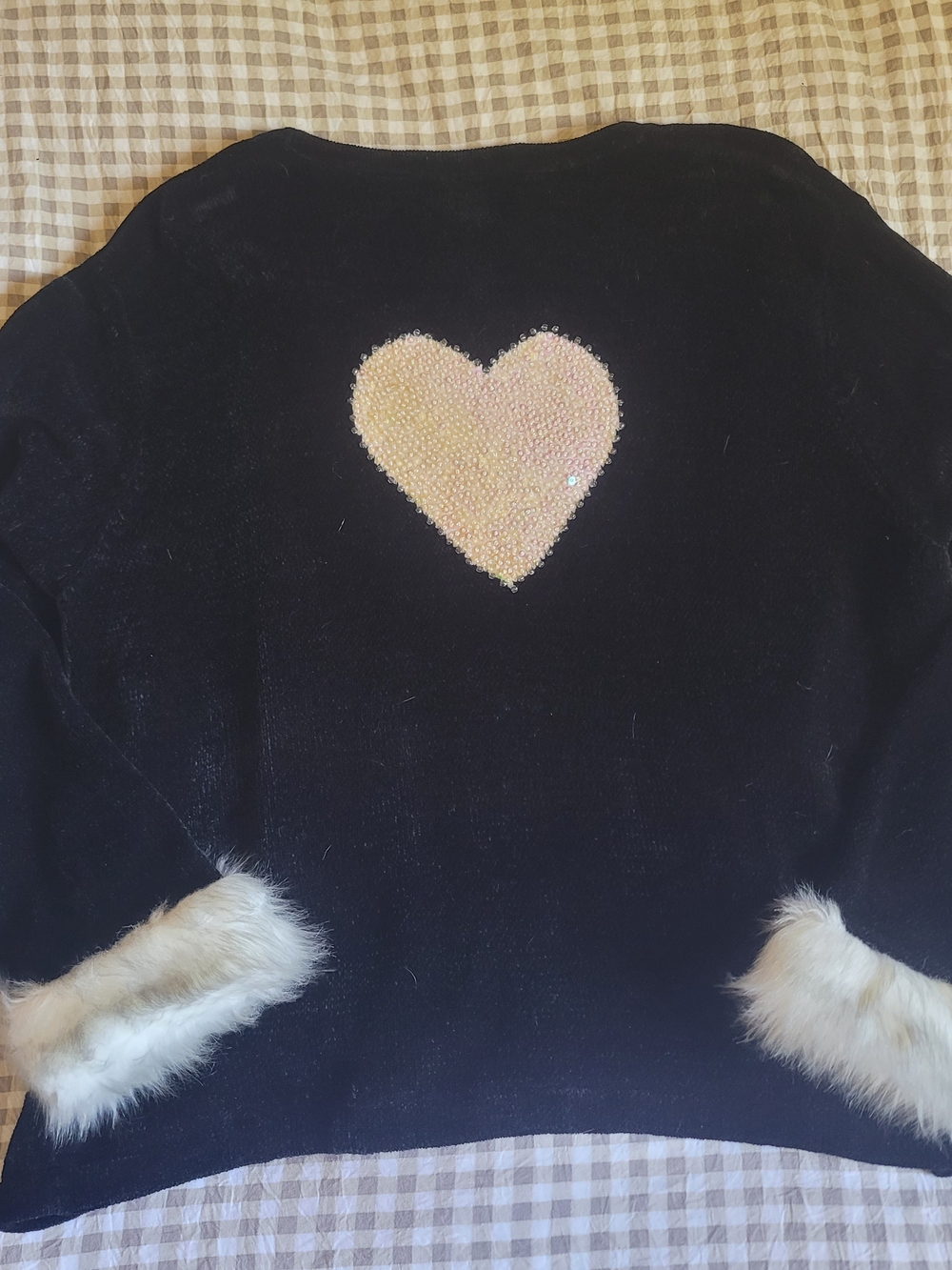 Storybook Knits Black Sweater with Beaded Pink/Gold Heart and Grey Fur Trim